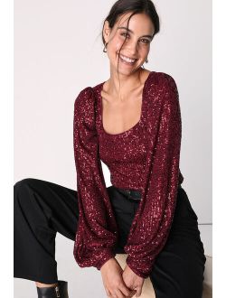 Stay Shining Burgundy Sequin Square Neck Long Sleeve Top