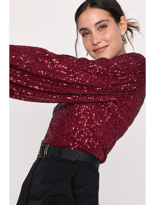 Lulus Stay Shining Burgundy Sequin Square Neck Long Sleeve Top