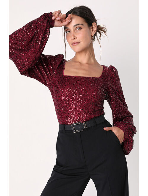 Lulus Stay Shining Burgundy Sequin Square Neck Long Sleeve Top