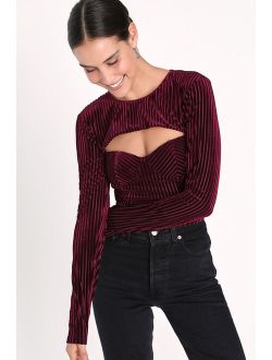 Always Alluring Burgundy Striped Velvet Cutout Long Sleeve Top