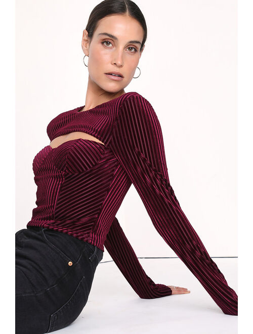 Lulus Always Alluring Burgundy Striped Velvet Cutout Long Sleeve Top
