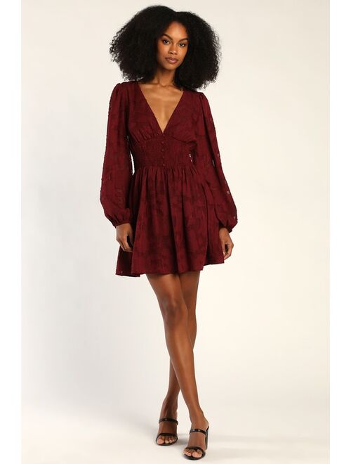Lulus Tomorrow and Always Burgundy Burnout Floral Mini Dress