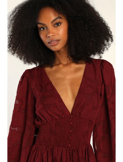 Lulus Tomorrow and Always Burgundy Burnout Floral Mini Dress