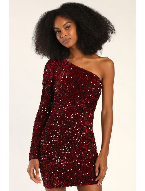Lulus Sparkling Mood Burgundy Sequin One-Shoulder Mini Bodycon Dress