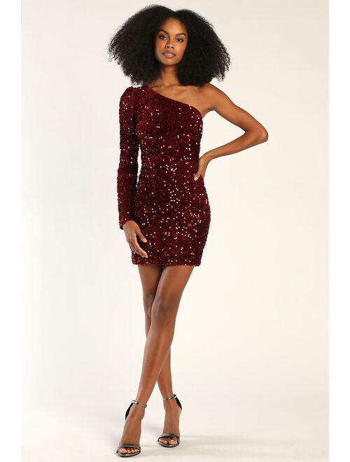 Lulus Sparkling Mood Burgundy Sequin One-Shoulder Mini Bodycon Dress