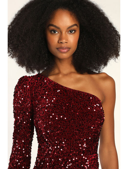 Lulus Sparkling Mood Burgundy Sequin One-Shoulder Mini Bodycon Dress