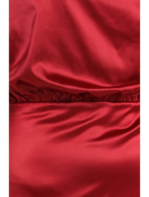 Lulus Utter Obsession Burgundy Satin Boat Neck Mini Dress