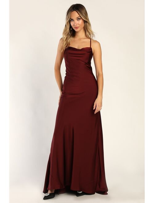 Lulus Connected At Heart Wine Satin Cowl Neck Lace-Up Maxi Dress