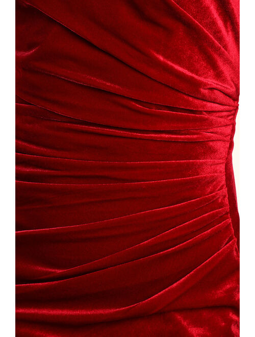 Lulus Elegant Appeal Red Velvet One-Shoulder Lace-Up Maxi Dress