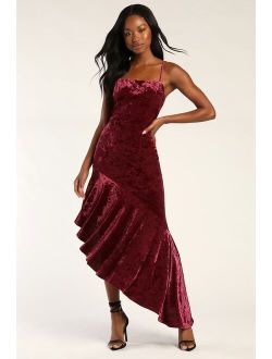 Crush On Me Wine Red Crushed Velvet Asymmetrical Maxi Dress