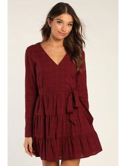 Autumn Adoration Wine Red Plaid Long Sleeve Dress With Pockets