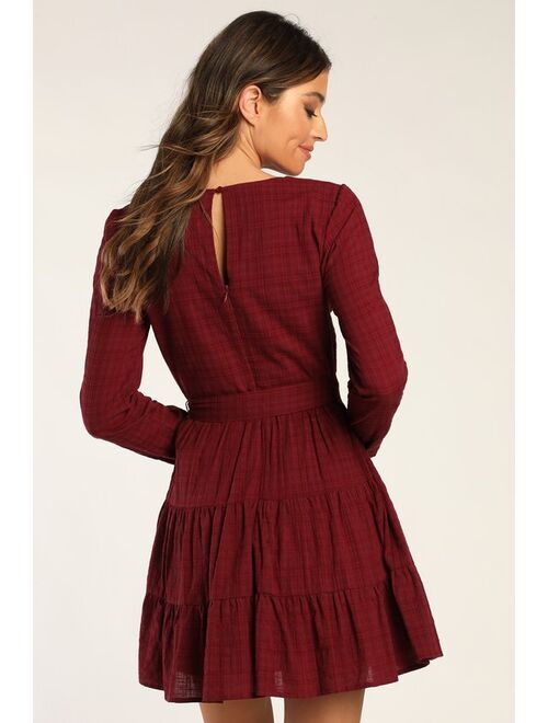 Lulus Autumn Adoration Wine Red Plaid Long Sleeve Dress With Pockets