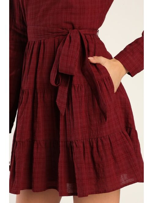 Lulus Autumn Adoration Wine Red Plaid Long Sleeve Dress With Pockets