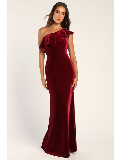 Lulus Flawlessly Fabulous Burgundy Ruffled One-Shoulder Maxi Dress