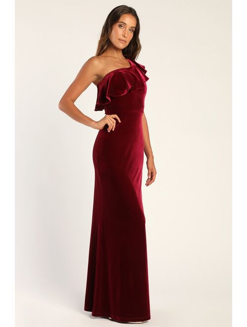 Lulus Flawlessly Fabulous Burgundy Ruffled One-Shoulder Maxi Dress