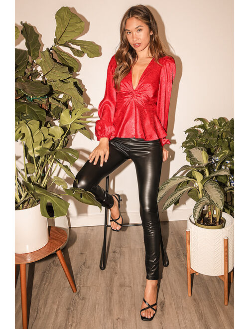 Lulus Wonderful Feeling Red Satin Jacquard Twist-Front Top