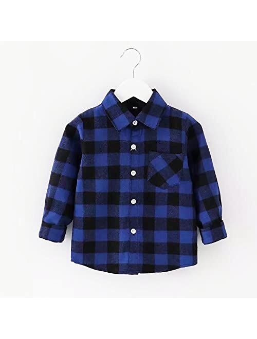 Hstisan Toddler Boy's Button Down Woven Shirt Cotton Plaid Long Sleeve Tees T-Shirt Lapel Tops Casual Clothes 1-11Years
