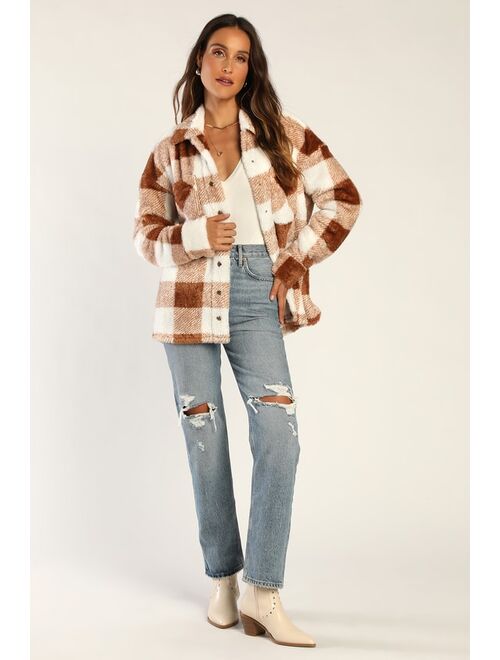 Lulus Plaid You Came Brown and White Plaid Fuzzy Shacket