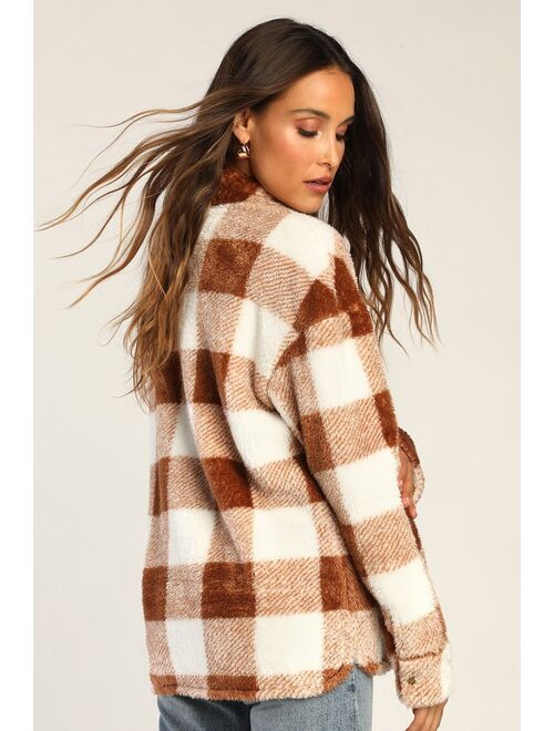 Lulus Plaid You Came Brown and White Plaid Fuzzy Shacket
