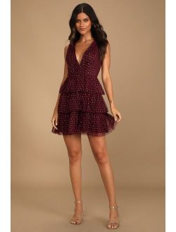 Forever Sparkling Burgundy Dotted Mesh Tiered Mini Dress