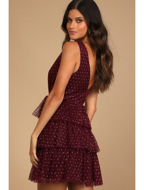 Lulus Forever Sparkling Burgundy Dotted Mesh Tiered Mini Dress
