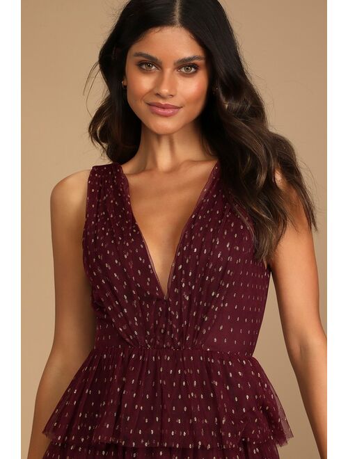 Lulus Forever Sparkling Burgundy Dotted Mesh Tiered Mini Dress