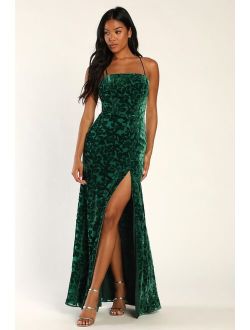 Leave You Wishing Emerald Green Burnout Velvet Lace-Up Dress