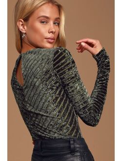 Save the Date Olive Green Velvet Striped Long Sleeve Bodysuit