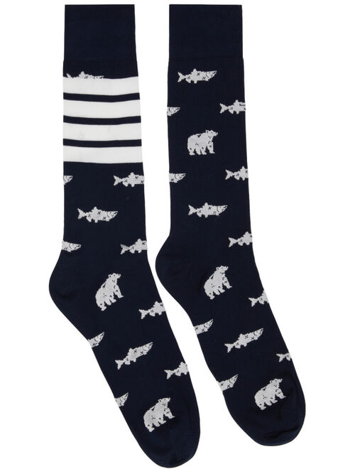 Thom Browne Navy Half Drop Bear & Salmon Socks