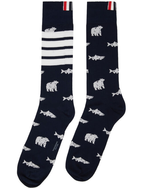 Thom Browne Navy Half Drop Bear & Salmon Socks