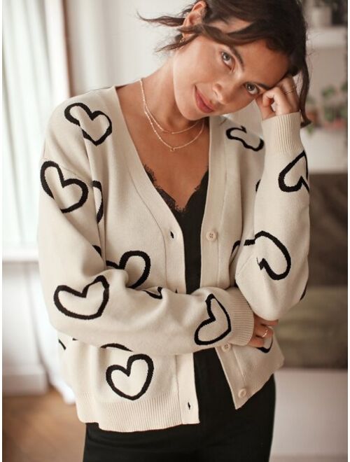 SHEIN Frenchy Allover Heart Pattern Drop Shoulder Cardigan
