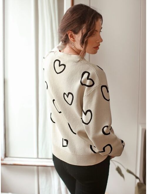 SHEIN Frenchy Allover Heart Pattern Drop Shoulder Cardigan