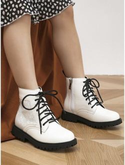 AMSH922&HLD shoes store Girls Crocodile Embossed Zipper Side Lace-up Front Combat Boots