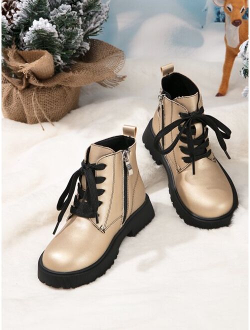 Shein AMSH922&HLD shoes store Girls Metallic Side Zip Lace-up Front Combat Boots