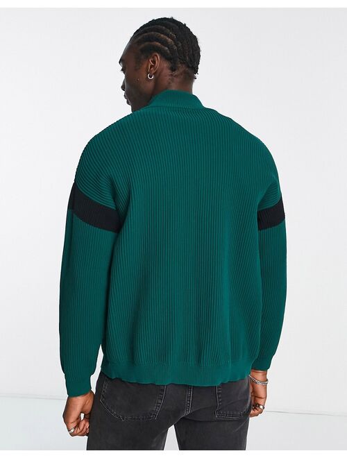 ASOS DESIGN ribbed track jacket with stripe in forest green