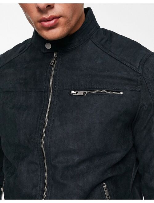 Jack & Jones Essentials biker jacket in faux suede black