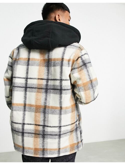 ASOS DESIGN oversized shacket in ecru check with hood