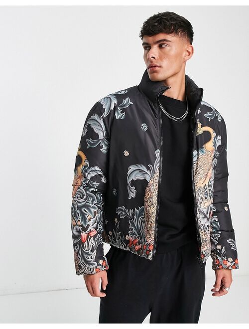 ASOS DESIGN puffer with renaissance placement print in black
