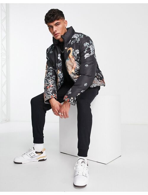 ASOS DESIGN puffer with renaissance placement print in black