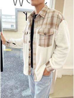 Men Plaid Flap Pocket Drop Shoulder Teddy Coat