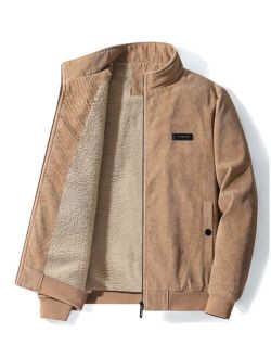 Men Letter Patched Detail Teddy Lined Corduroy Jacket