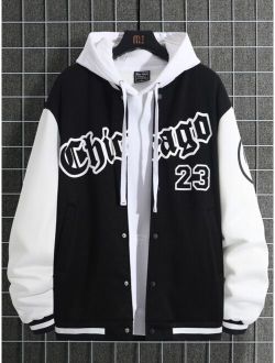Men Letter Graphic Two Tone Varsity Jacket Without Hoodie