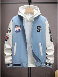 Men 1pc Letter Embroidery Two Tone Varsity Jacket