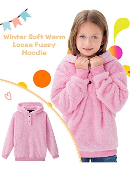 Lldress Girls Sherpa Fleece Hoodies Sweatshirts Kids Pullover Winter Tops Warm Fashion Outwear Fall Clothes with Pockets