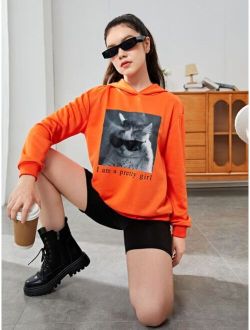 Teen Girls Cat & Slogan Graphic Drop Shoulder Hoodie
