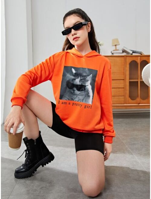 Shein Teen Girls Cat & Slogan Graphic Drop Shoulder Hoodie