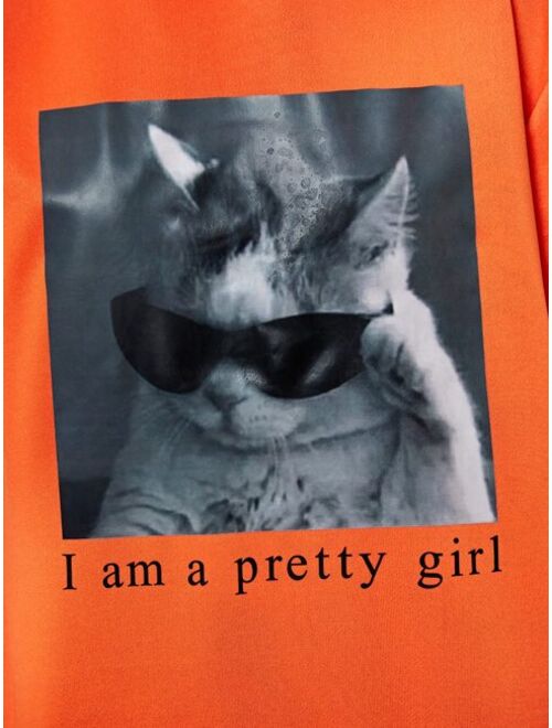 Shein Teen Girls Cat & Slogan Graphic Drop Shoulder Hoodie