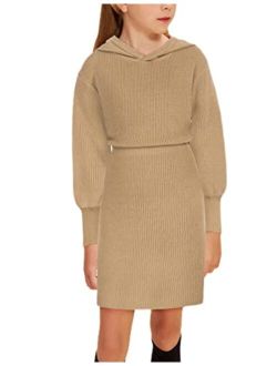 Danna Belle Girl Sweater Dress Hooded Lantern Long Sleeve Casual Knit Christmas Sweater Size 6-14