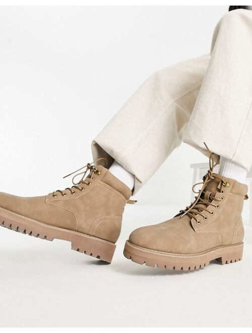 ASOS DESIGN chunky lace up boots with padded collar in stone faux leather