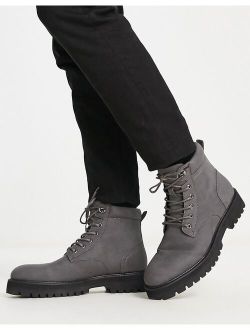 chunky lace up boot with padded collar in gray faux leather with contrast sole
